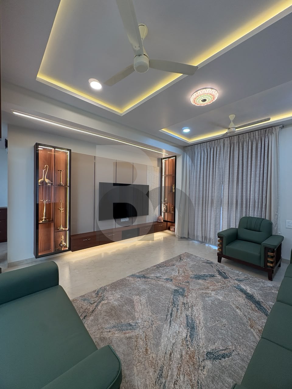 Luxury living room with backlit glass display cabinets and designer ceiling cove lights by Brand Meter