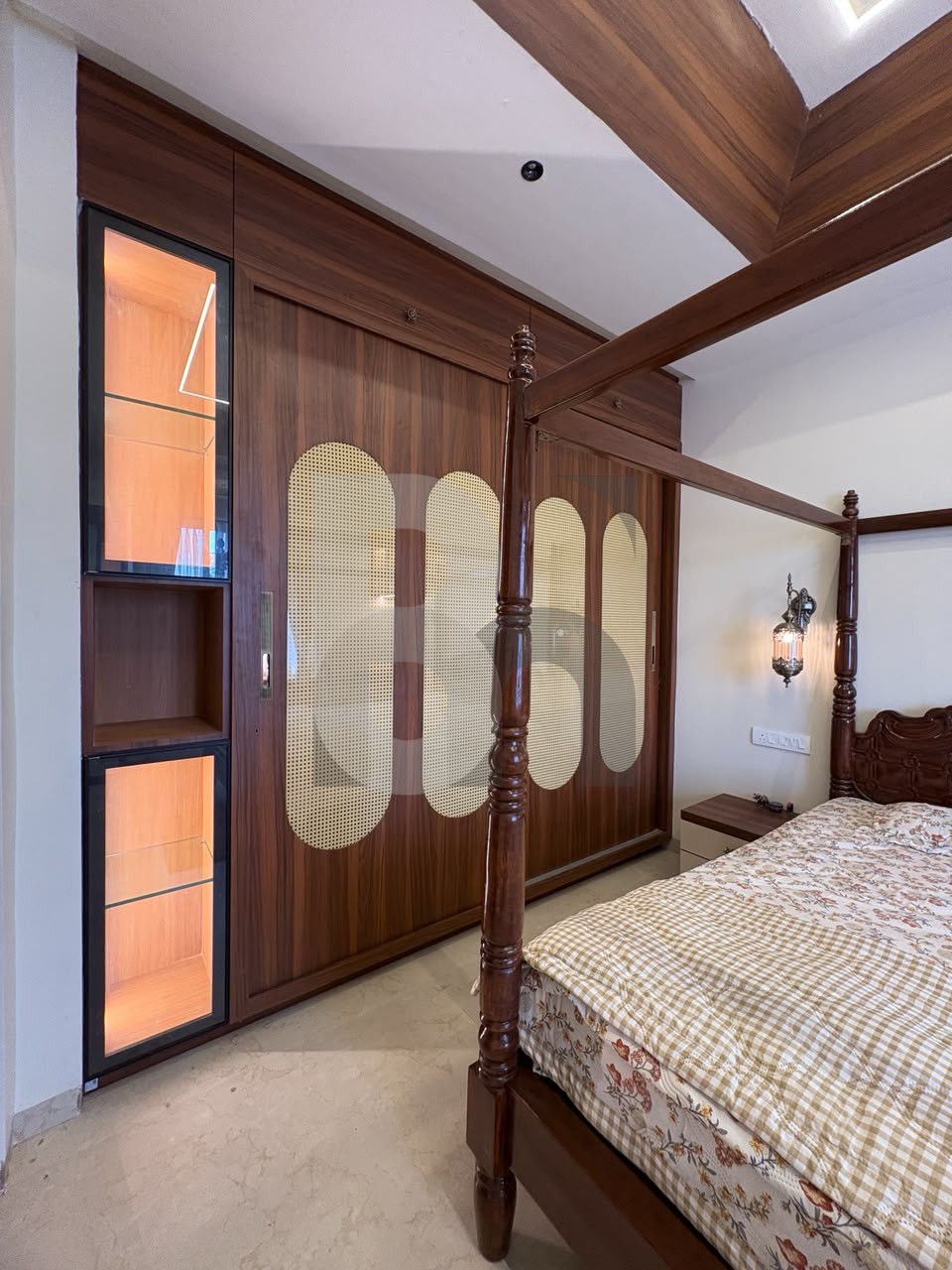 Classic bedroom with solid wood four-poster canopy bed and cane insert wardrobe by Brand Meter