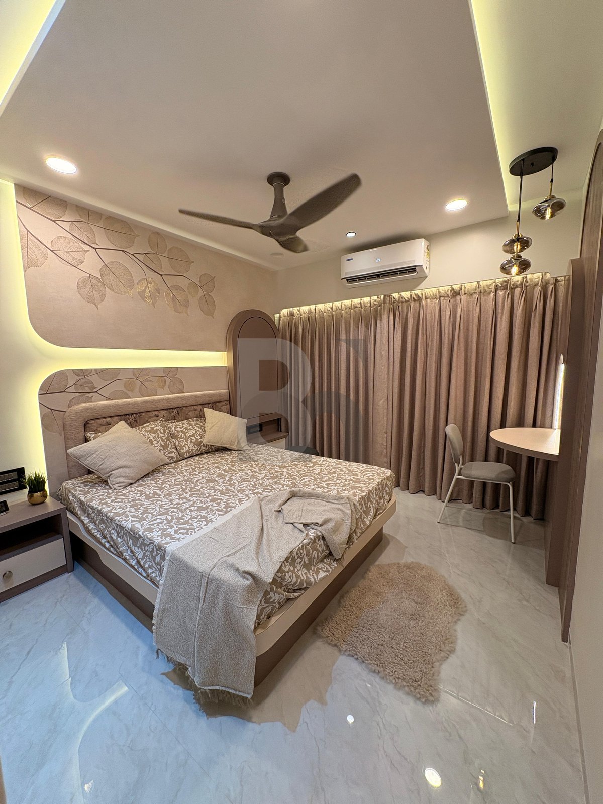 Luxury master bedroom with custom backlit foliage panel and curved niche headboard by Brand Meter, Navi Mumbai